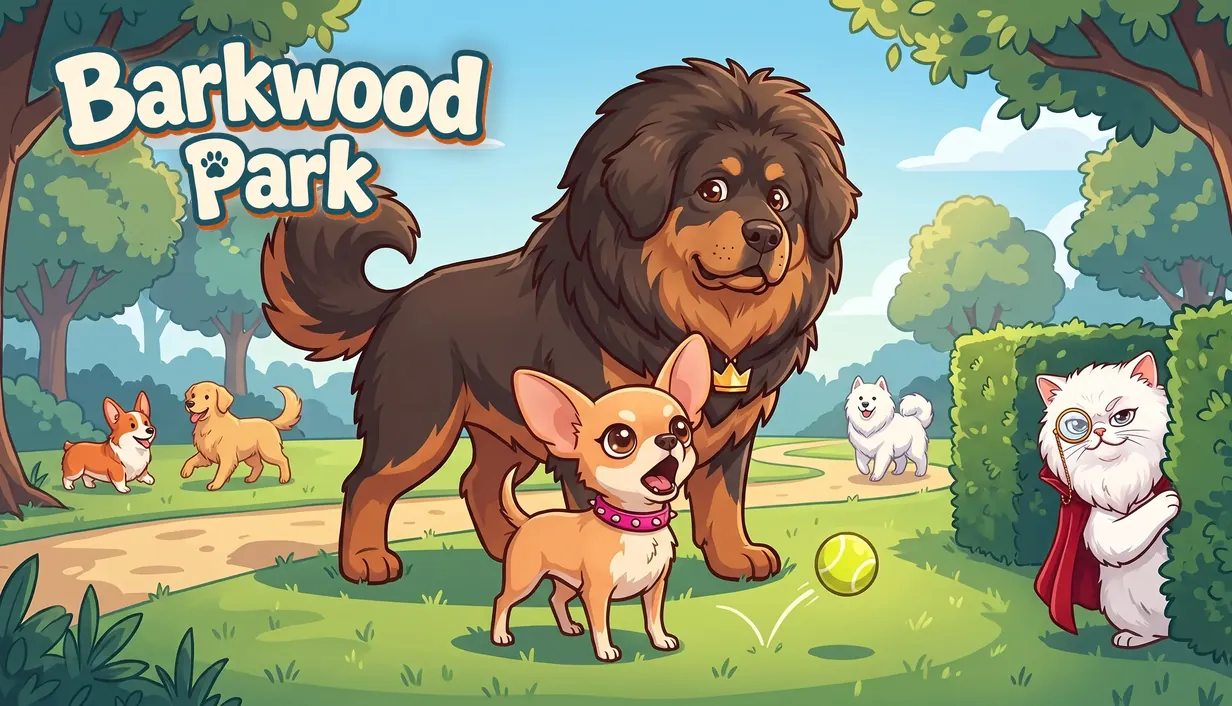 Barkwood Park: a Chihuahua, a Tibetan Mastiff and a monocled Persian cat in a sunny park